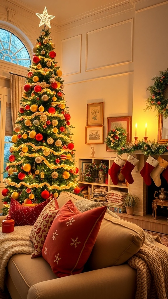 Festive Living Room Christmas Decoration Ideas A cozy living room decorated for Christmas with a tree, stockings, and festive decor.